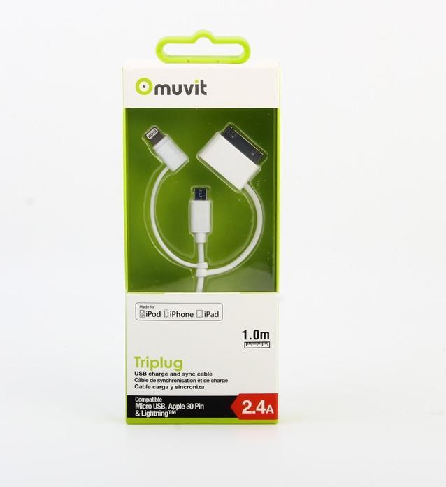 Immagine prodotto Muvit CAVO A MOLLA 3EN1 2,4A 30 PIN/MICRO-USB/FULMINE BIANCO (USB 1.0, USB 3.0, USB 4.0, USB 2.0)