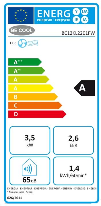 Etichetta energetica Be Cool BC12KL2201FW Condizionatore d'aria 9.000 BTU (105 m², 11942.50 BTU/h)