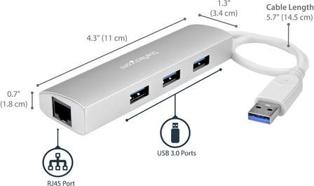 Image du produit StarTech Hub mobile USB 3.0 à 3 ports avec Gigabit Ethernet - Hub USB en aluminium avec adaptateur Gigabit (USB-A, 4 Ports)