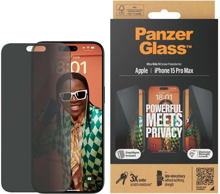 Immagine prodotto PanzerGlass Proteggi schermo privacy Ultra-Wide Fit (1 Pezzo/i, Apple iPhone 15 Pro Max)