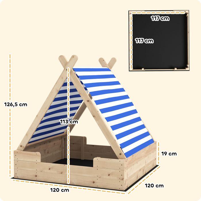 Produktbild Swisshandel24 Sandkasten mit Zeltdach, 120 x 120 cm Sandkiste aus Holz mit Bodenplane Natur