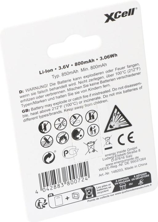 Image du produit XCell Batterie Pro 16340, CR123A protégée, avec prise de charge USB-C (1 pcs, RCR123A, 850 mAh)