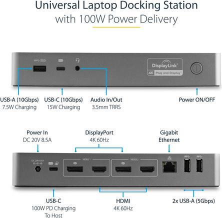 Actual product image StarTech .com Universal Laptop Docking Station USB-C & USB 3.0 2x4K 100W PD (Docking port (proprietary), 3 Ports)