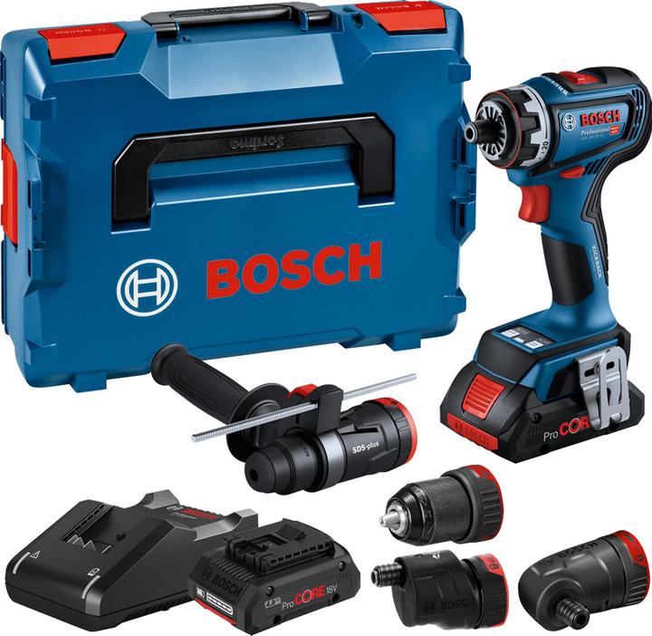 Insert for L-BOXX 136, Hammer attachment incl. additional handle GFA 18-H Professional, 2 x ProCORE18V 4.0Ah rechargeable battery, GFA 18-E Professional eccentric attachment, GSR 18V-90 FC