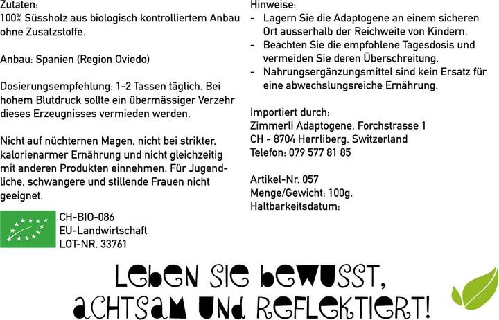 Valeurs nutritives et ingrédients Zimmerli Adaptogene Thé à la réglisse (BIO) (100 g)