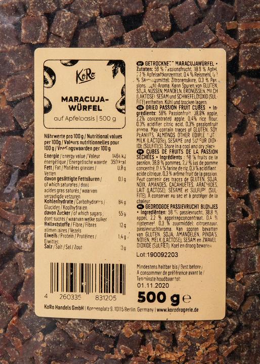 Valori nutrizionali e ingredienti KoRo Preparazione al frutto della passione e alle mele (500 g)