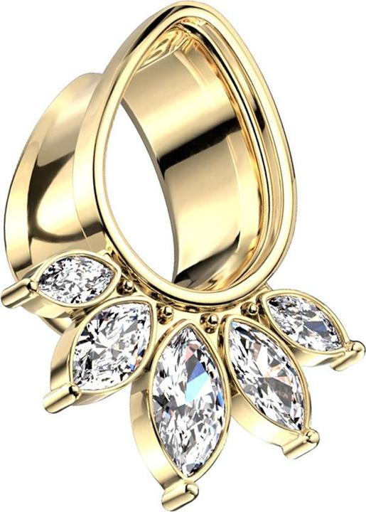 Produktbild Star Piercing Flared Tunnel vergoldet Tropfen mit fünf Kristalltropfen (Chirurgenstahl 316L, Messing)