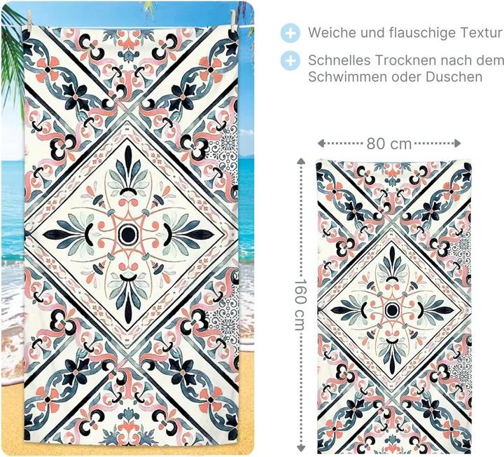Actual product image Hermex Beach towel mediterranean tile bath towel beach sheet beach towel towel (80 x 160 cm)