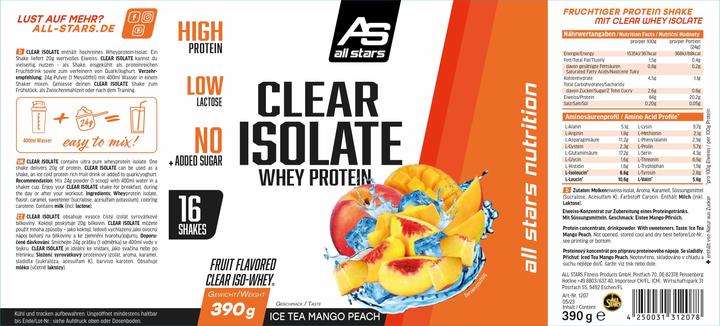 Valeurs nutritives et ingrédients All Stars Clear Isolate Whey Protein (boîte de 390g) (Ice Tea Mangue Pêche, 1 pcs, 400 g)