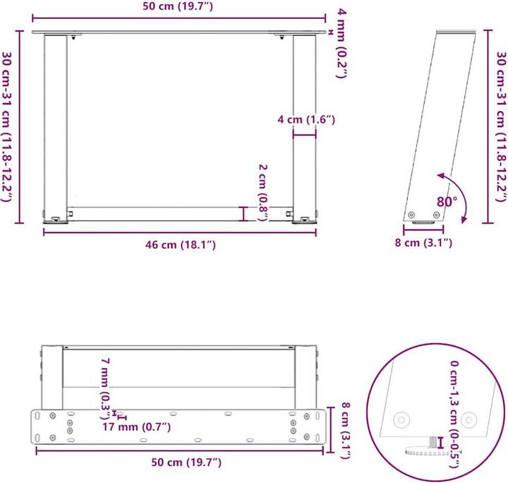 Immagine prodotto VidaXL Gambe per tavolino a U 2 pezzi Gamba del tavolo in acciaio antracite 50x(30-31) cm