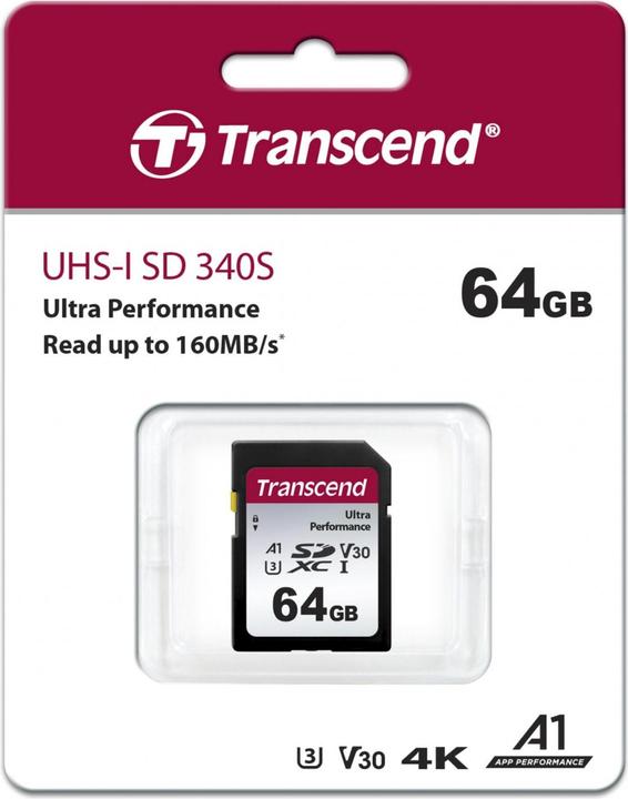 Image du produit Transcend Carte SD SDXC SDC340S 160/50 Mo/s (64 Go, SDXC, U3, UHS-I)