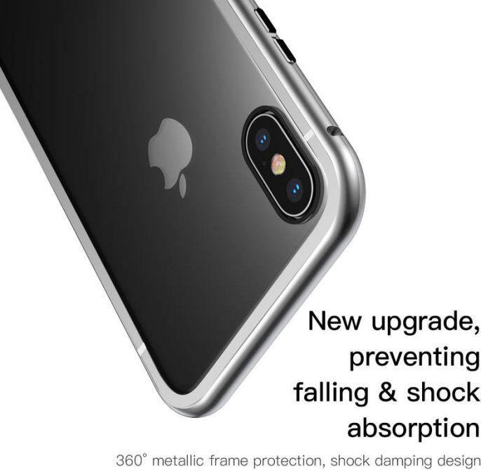 Actual product image Baseus iPhone X Magnetic Aluminium Protective Case Glass BackSilver (Apple iPhone X)