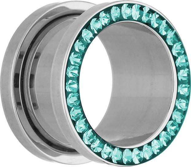 Star Piercing Flesh Tunnel silber mit Kristall türkis und Epoxy Schutzschicht (Chirurgenstahl 316L, ohne Messing)