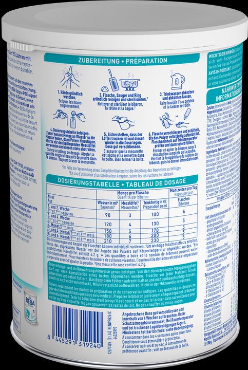 Valeurs nutritives et ingrédients Beba Optipro Pre (800 g, dès la naissance)