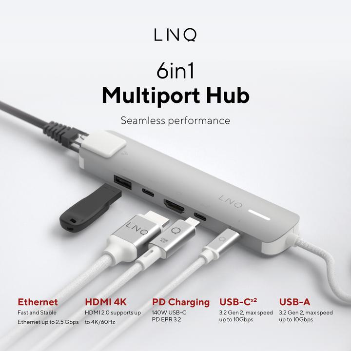 Produktbild LINQ Connects 6in1 PRO USB-C Multiport Hub 140W (USB-C, 6 Ports)