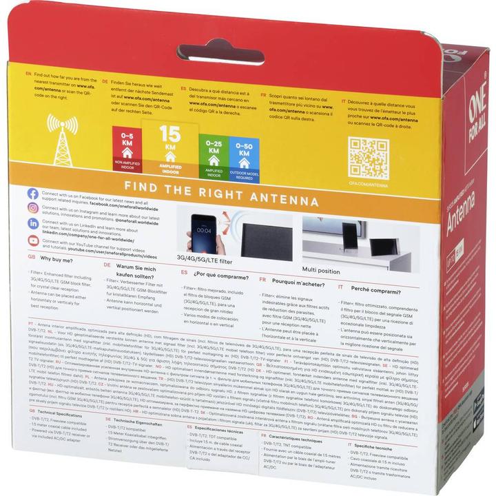 Actual product image One for All DVB-T2 Alu EDGE Antenna 5G (Flat antenna, 42 dB, DVB-T / -T2)