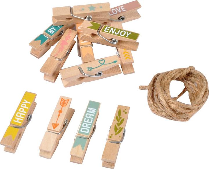 Natura Punto Mini-Klammern Deko mit Aufschrift und Schnur, 12er-Set