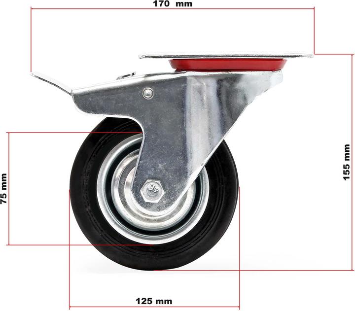 Produktbild Wiltec Transportrolle Set 2x Doppelstopp-Lenkrolle 2x Bockrolle Vollgummi 125mm 100kg