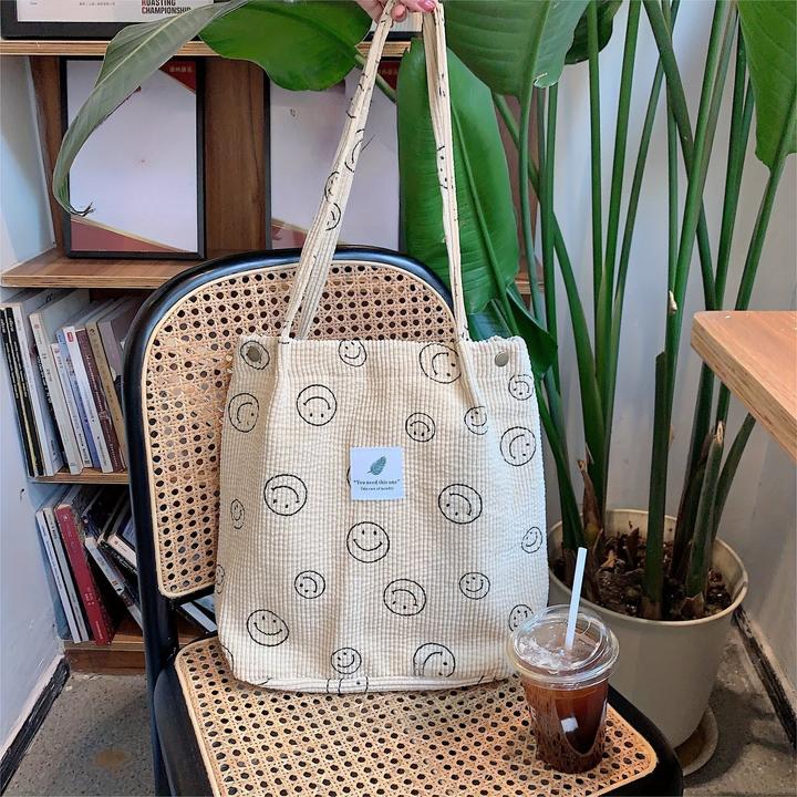Produktbild Only-Bags.Store Retro Corduroy Tote Bag, Lächelndes Gesicht Druck Umhängetasche, einfache Handtasche für Schule