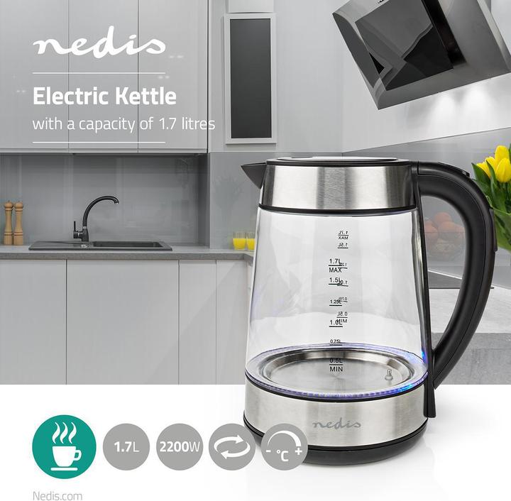 Actual product image Nedis Kettle - Glass housing - Temperature display - Variable temperatures (60, 70, 80, 90, 100 (1.70 l, EU plug)
