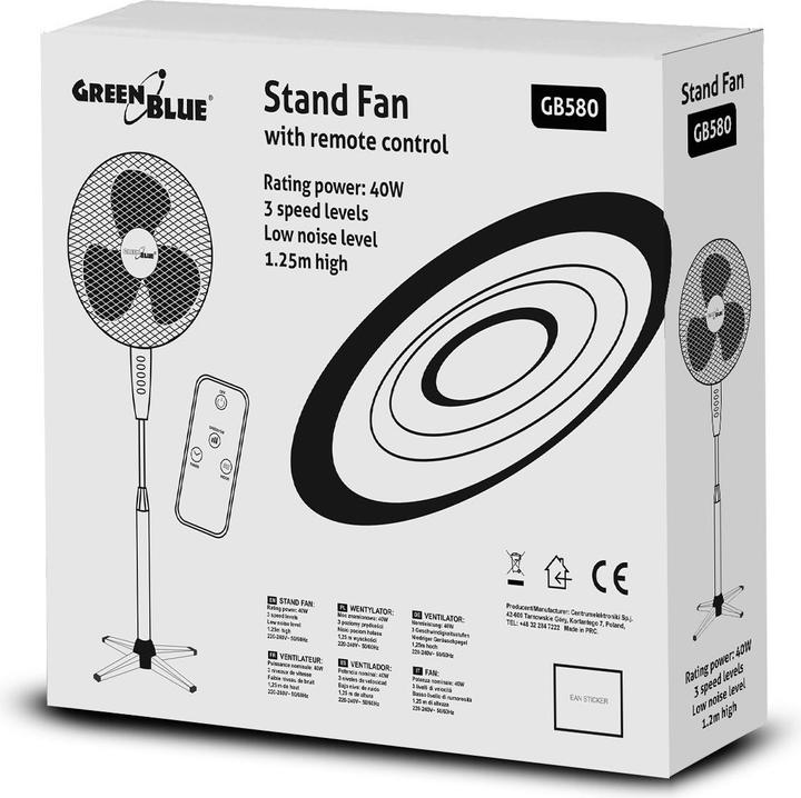 Actual product image Greenblue floor fan, 40W, 3 airflow levels, 1.25m height 1.5m cord, with remote control and timer up to 7.5 ho (53 dB)