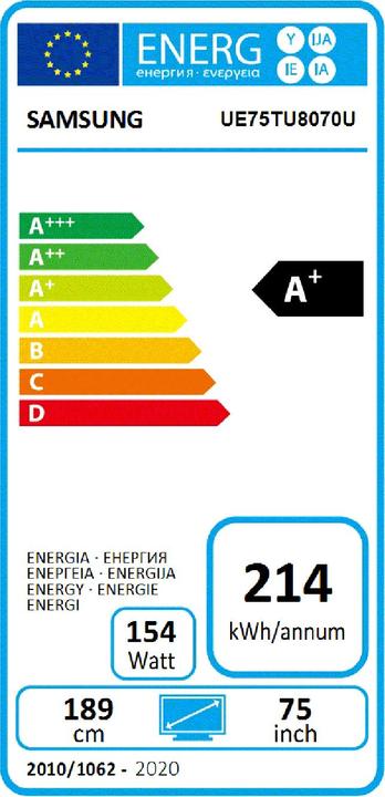 Etichetta energetica Samsung UE75TU8070 (75", LCD, 4K, 2020)