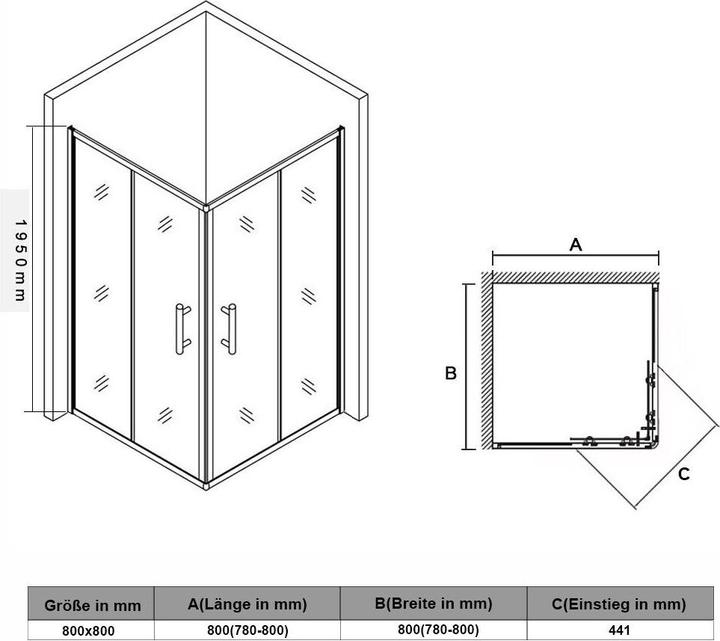 Actual product image SONNI Corner shower enclosure 80*80*185 cm, without shower tray (120 cm, 120 cm, 195 cm)
