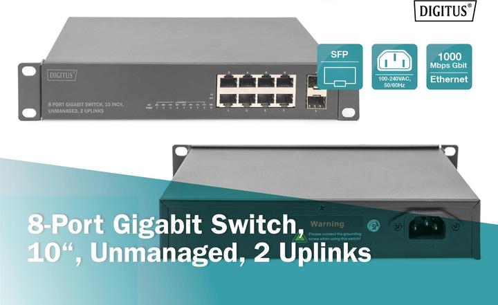 Immagine prodotto Digitus Switch Gigabit 8 porte, 10 pollici, non gestito, 2 Uplink (8 Porti)