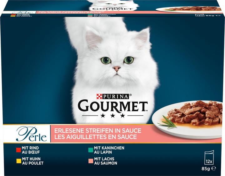 Image du produit Gourmet Bandes sélectionnées en sauce (boeuf, poulet, lapin & saumon) (Adulte, 12 pcs, 1135 g)