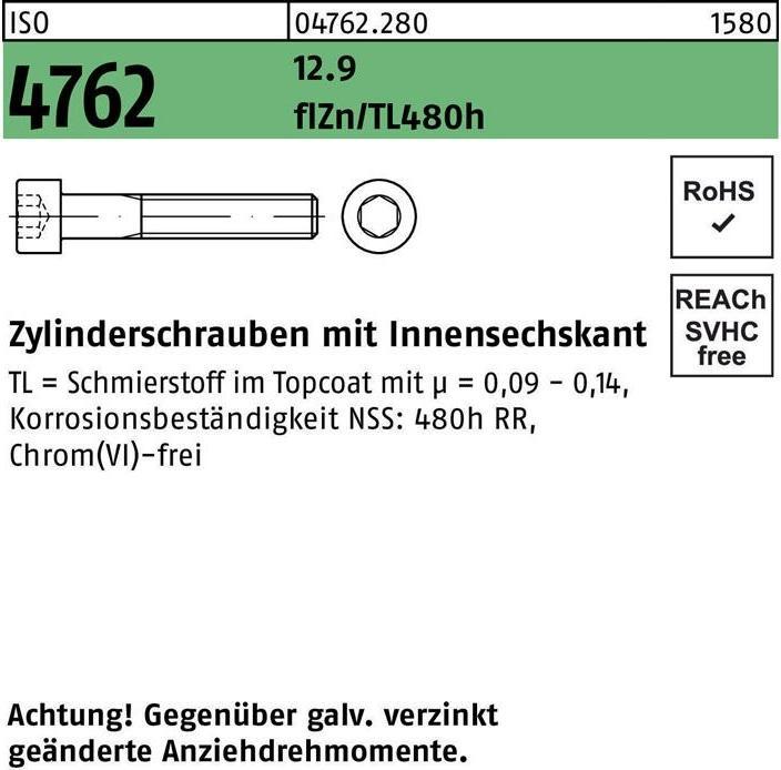 Produktbild Zylinderschraube ISO 4762 m.Innensechskant M 8 x 70 12.9 zinkbesch Gleitmittel flZnnc 480h-L (200 Schrauben pro Stück)