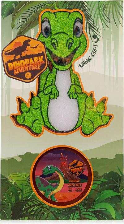 Produktbild Accentra Badeset DINOPARK ADVENTURE in Geschenkbox, inkl. 70g Schaumbadesalz, T-Rex Badeschwamm (ca. 11 x 14c (Haarpflege set)