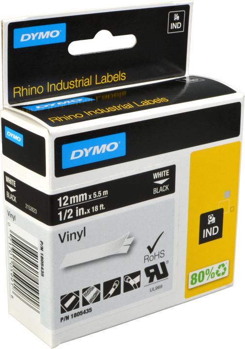 Actual product image Dymo Rhino 12mm white on black vinyl (1.20 cm, Black)