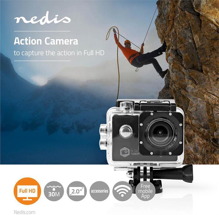 Image du produit Nedis Action Cam 1080p@30fps 12 MPixels Etanche à : 30.0 m 90 min WLAN Application disponible pour : Andro (30p, WiFi)