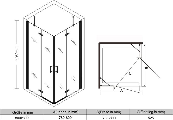 Actual product image SONNI shower cubicle with corner entry, 80 x 80 cm, black, height 195 cm, with hanging doors, 6 mm n (120 cm, 120 cm, 195 cm)