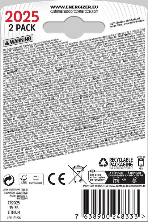 Immagine prodotto Energizer 2025 Litio (2 pz., CR2025, 165 mAh)