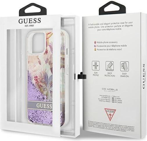 Actual product image Guess GUHCP13SLFLSU iPhone 13 Mini 5.4-inch Thin / Purple Hard Case with Flower Liquid Glitter (Apple iPhone 13 mini)