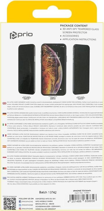 Produktbild prio 3D Anti-Spy Panzerglas für iPhone 7/8 schwarz (1 Stück, Apple iPhone 7, Apple iPhone 8)
