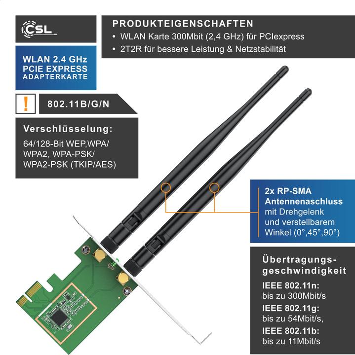 Actual product image CSL 300 Mbit s PCIe network card WLAN 2.4 GHz - high-performance 2T2R dual antenna with powerful (PCI-E x1)