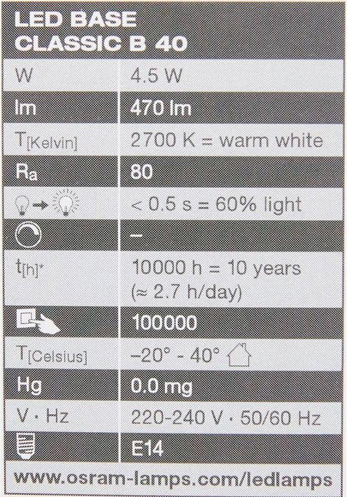 Nährwerte und Zutaten Osram Led Base Classic B (E14, 4 W, 470 lm, 3 x, E)