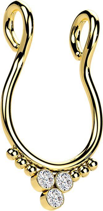 Produktbild Star Piercing Fake Septum vergoldet sechs Kugeln drei Kristalle silber (Chirurgenstahl 316L mit Kristall)