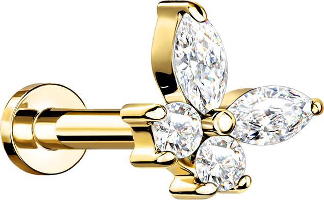 Star Piercing Micro Labret Innengewinde vergoldet Schmetterling mit Kristallen silber (Messing, Chirurgenstahl 316L)