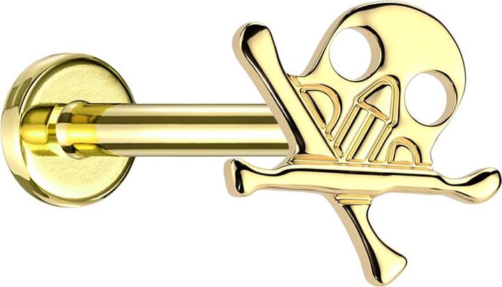 Star Piercing Micro Threadless Labret vergoldet Totenkopf mit gekreuzten Knochen vergoldet (Titan G23, ohne Messing)