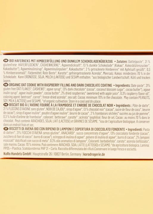 Nutritional values and ingredients KoRo Organic oat biscuit with raspberry filling and dark chocolate coating (480 g)