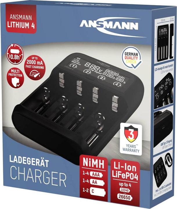 Produktbild Ansmann Lithium 4 Universalladegerät mit 2x 18650 Akkuzellen (2600mAh) Ladegerät (2 Stk., 18650, 2600 mAh, Ladegerät inkl. Akku)