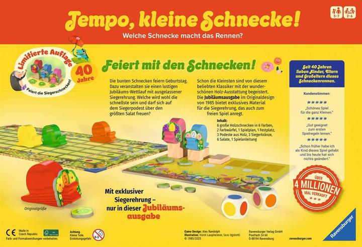 Produktbild Ravensburger Kinderspiel 23034 - Tempo kleine Schnecke 40 Jahre Jubiläum, beliebtes Schneckenrennen (Deutsch)
