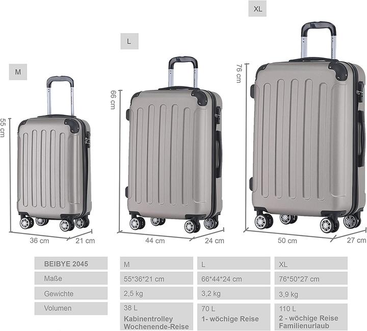 Immagine prodotto Beibye Valigetta da viaggio 3 pezzi, Champagne (110 l, M (50 - 90l), L (90 - 115l), XL (da 115l))