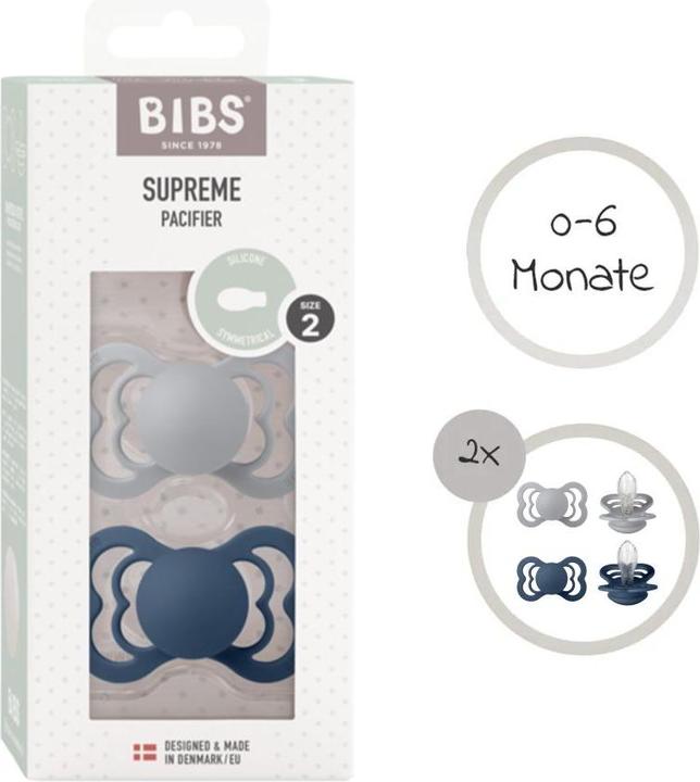 Produktbild Bibs Supreme Silikon Schnuller (2er Pack), Cloud & Steel Blue (Grösse 1, 0-6M) (2 x, bis 6 Monate)
