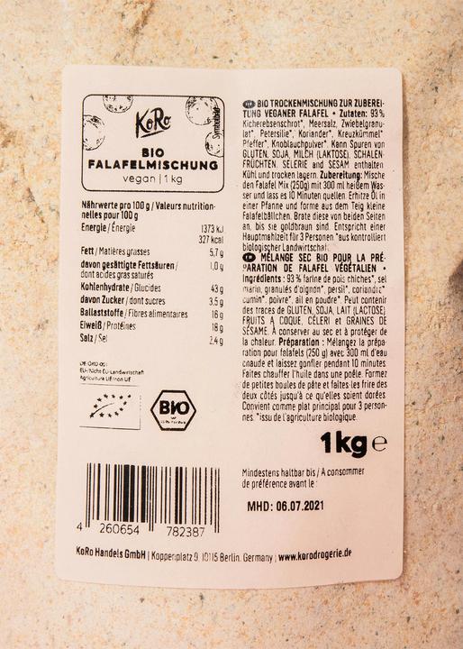 Valeurs nutritives et ingrédients KoRo Mélange sec bio de pois chiches concassés pour la préparation de falafels végétaliens (1000 g)