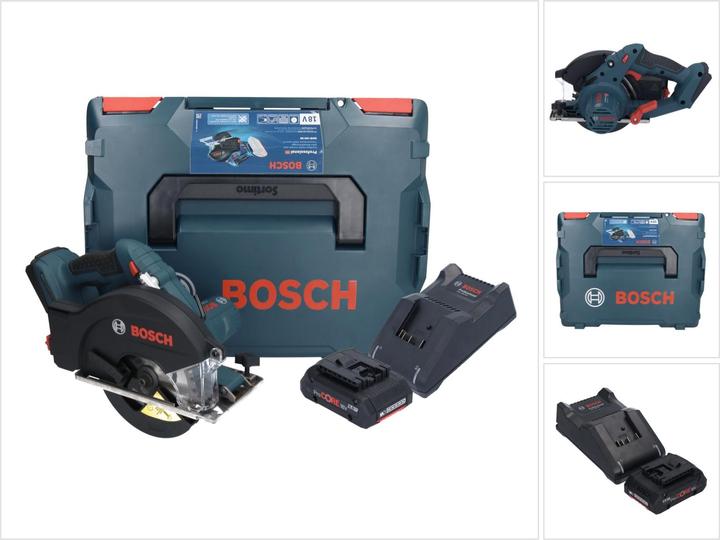 1x Bosch GKM 18V-50 Professional Akku Metall Handkreissäge, 1x Kreissägeblatt Standard for Steel 136 x 1,6, 1,2 x 20 mm, 30Z (2608837746), 1x Parallelanschlag (2610347119), 1x Bosch ProCORE Akku 18 V 4,0 Ah, 1x Bosch GAL 18V-40 Ladegerät, 1x L-Boxx 238 (1600A012G2), 1x passende Einlage