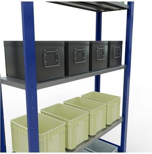 Sistema di scaffalature di base senza viti MULTIplus150 con ripiani di lunghezza
